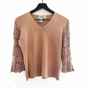 Joseph A. Gold Knit Sweater Crochet Lace Bell Sleeves V-Neck Holiday Chic M